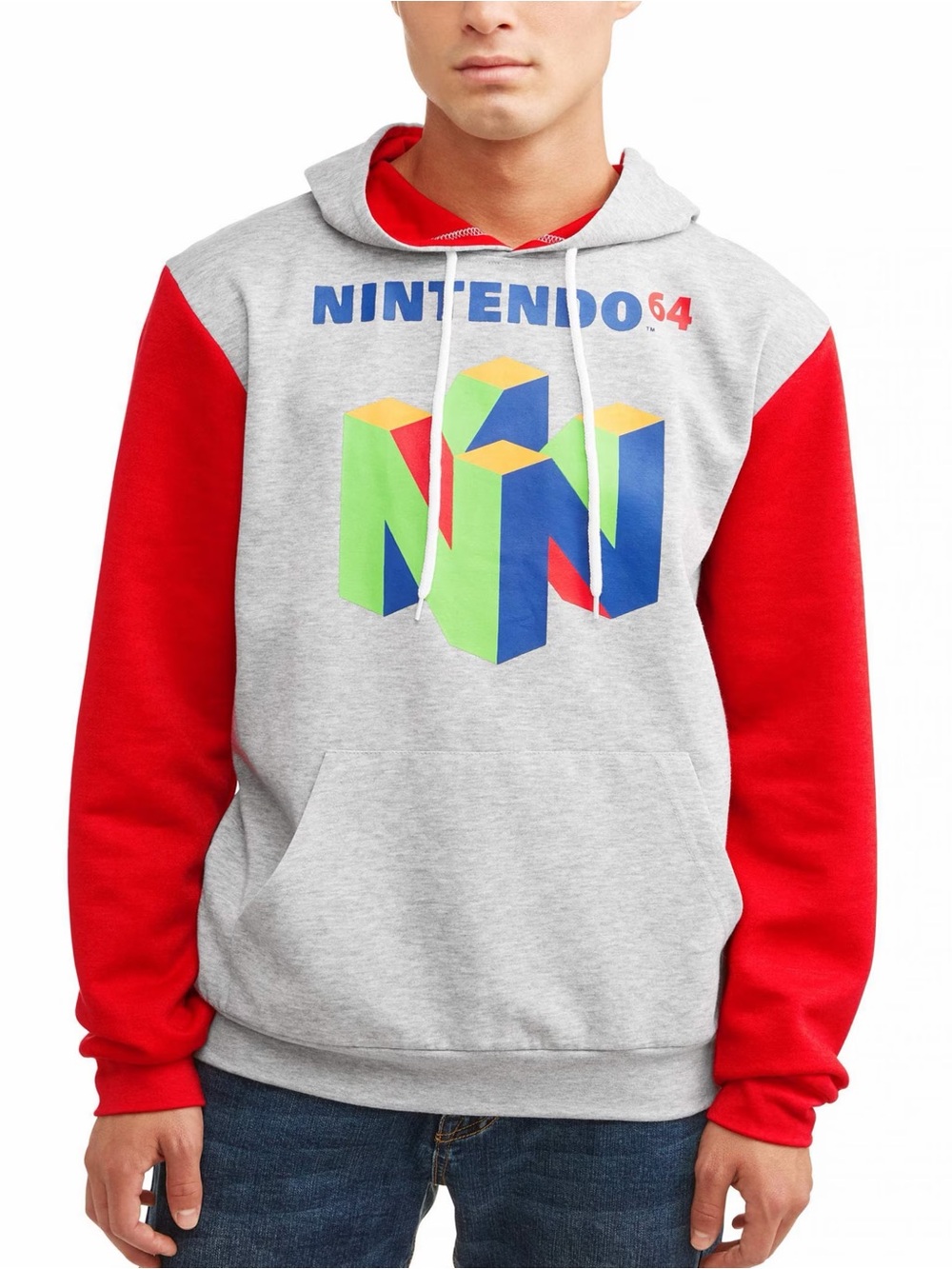 Nintendo Colorblock Crewneck Sweater - Gray & Red with N64 Logo